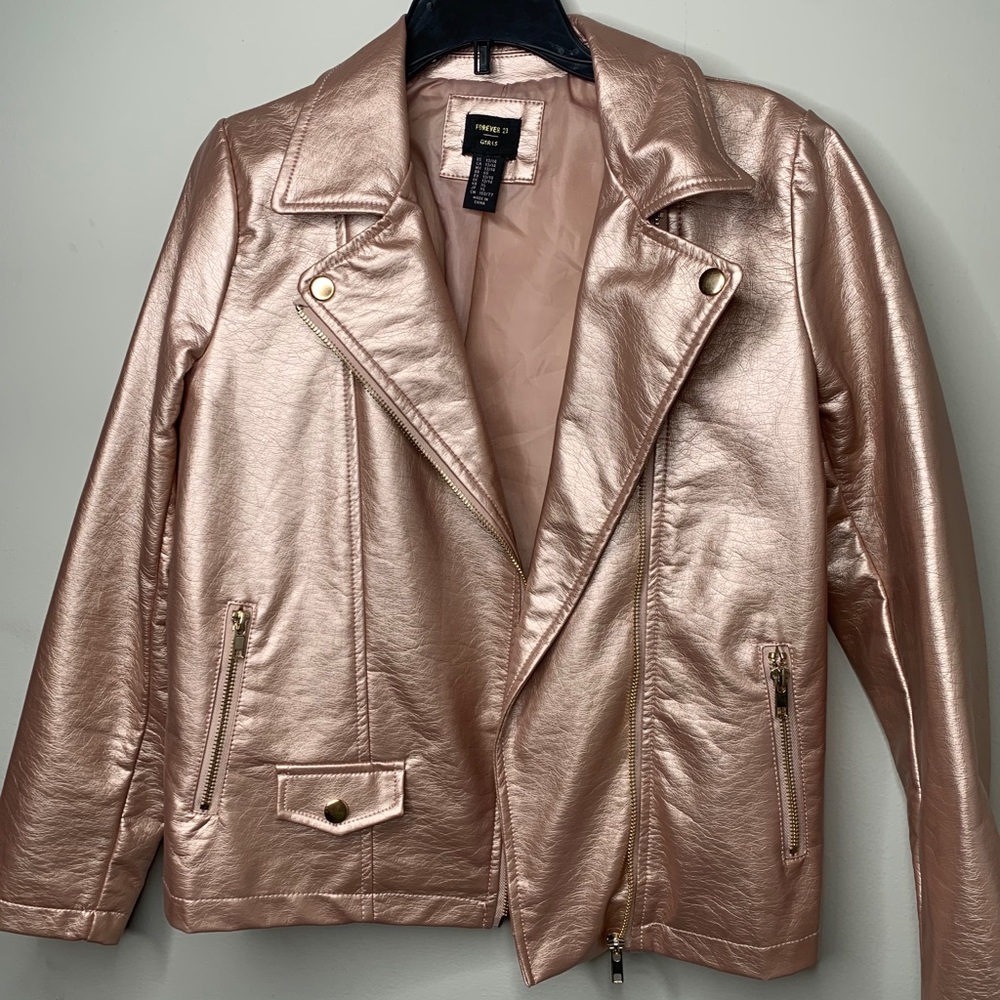 Girls Faux Leather Moto Jacket Rosegold